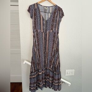 Jaase Maxi Dress Boho Tiered Cap Sleeve Button Front Large